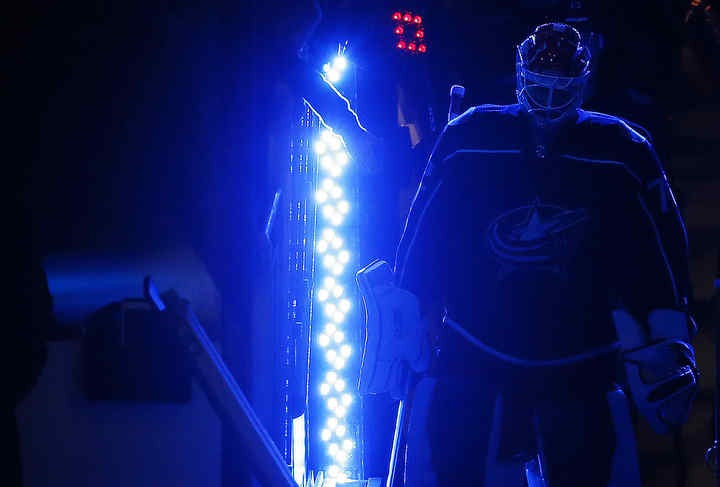 Columbus Blue Jackets goaltender Sergei Bobrovsky takes the ice for the third period against the Chicago Blackhawks at Nationwide Arena in Columbus.  (Adam Cairns / The Columbus Dispatch)